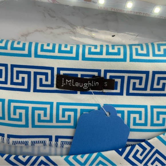 J McLaughlin Greek Key Scroll Blue White Catalina Cloth DRESS - Picture 2 of 4